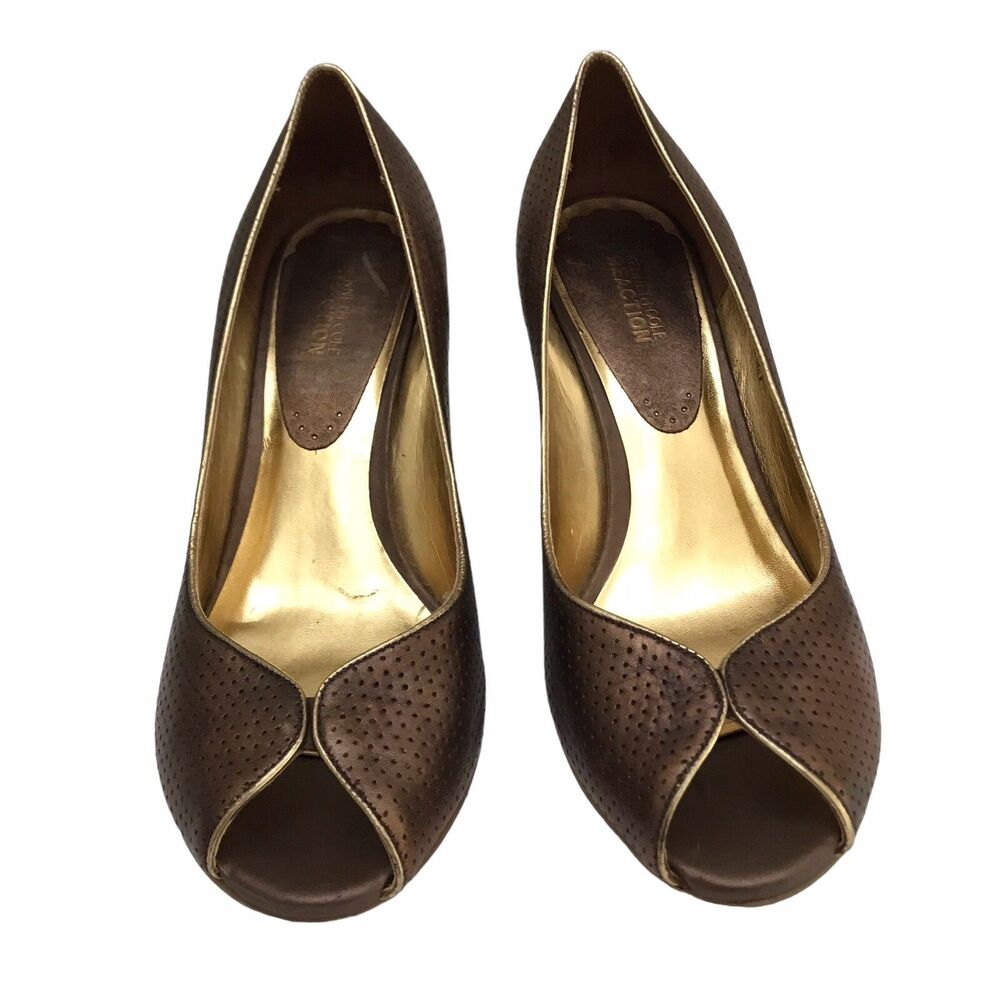 KENNETH COLE REACTION Shocking Gold Brown Bronze Leather Heels Shoes Size 10 - Picture 2 of 10